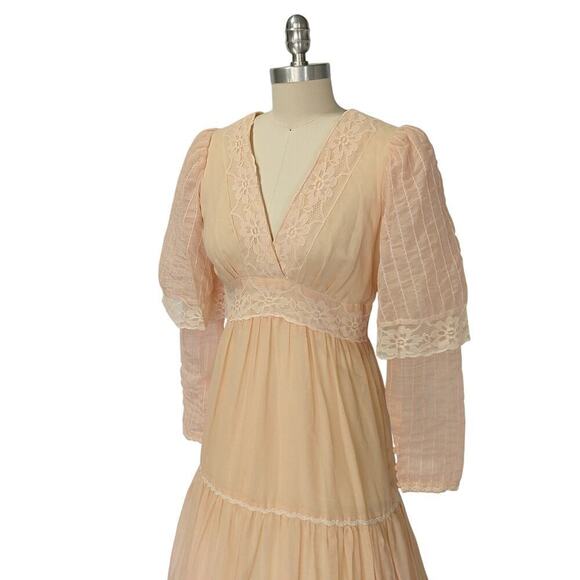 Gunne Sax Pink Peachy Maxi Dress Size 11 S Vintage 70s Overlay Sleeves Prairie - Picture 5 of 11